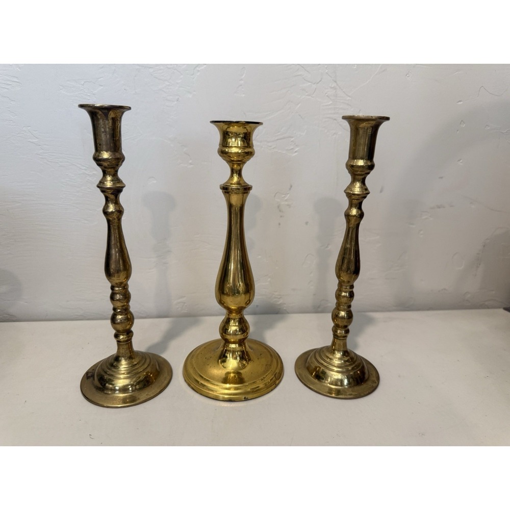 Vintage India Solid Brass Candlestick Lot (3) Trio Set 2 Matching 1 Large Flared